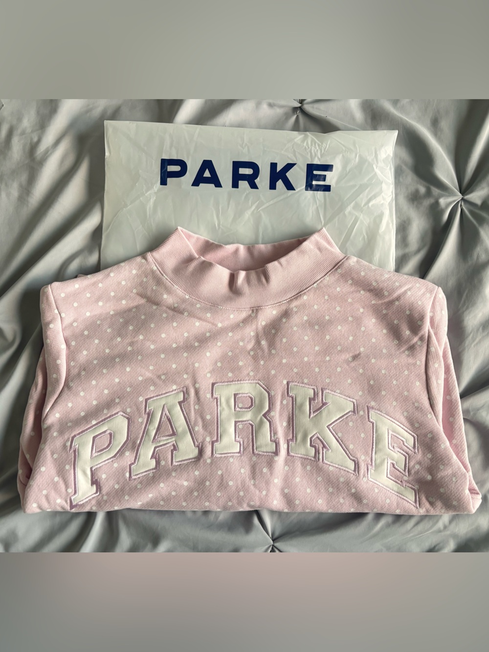 Parke Sprinkle Pink Polka Dot Varsity Mockneck Heritage S/M Brand New